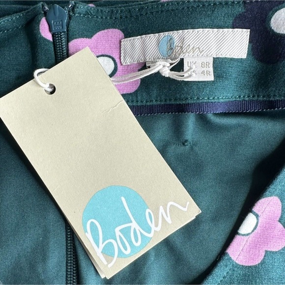 Boden Joanna Ponte Green Fit & Flare Pink Daisy Sleeveless Pleated Dress Sz 4R - Picture 3 of 11